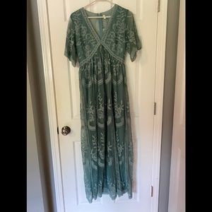 Pink blush sage lace mesh overlay maxi dress